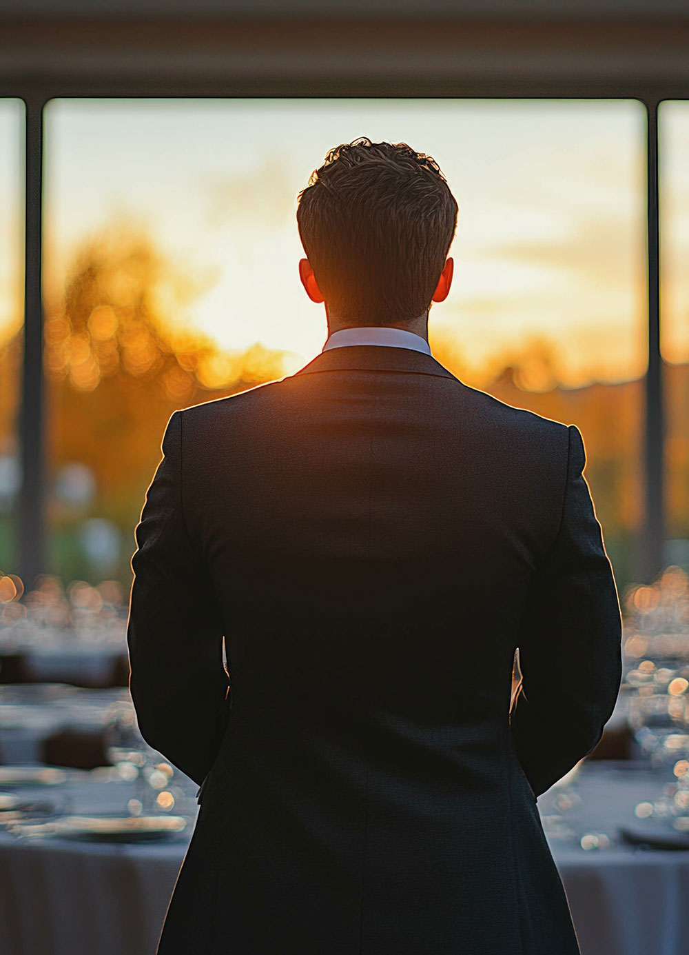 man in suit looking out window at sunset