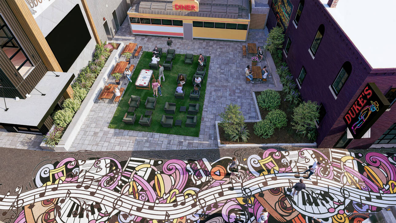 Aerial view of The Courtyard at Arts Alley