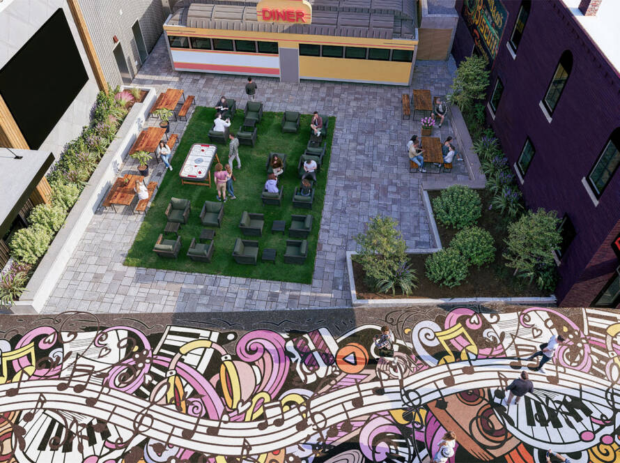 Aerial view of The Courtyard at Arts Alley